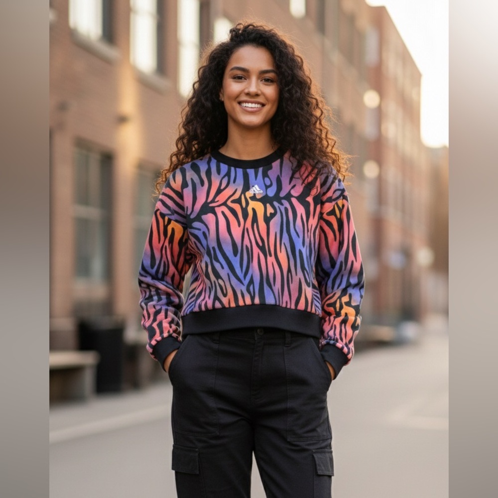Ladies Adidas animal crew sweatshirt Black Pink Purple size S NEW WITH TAGs